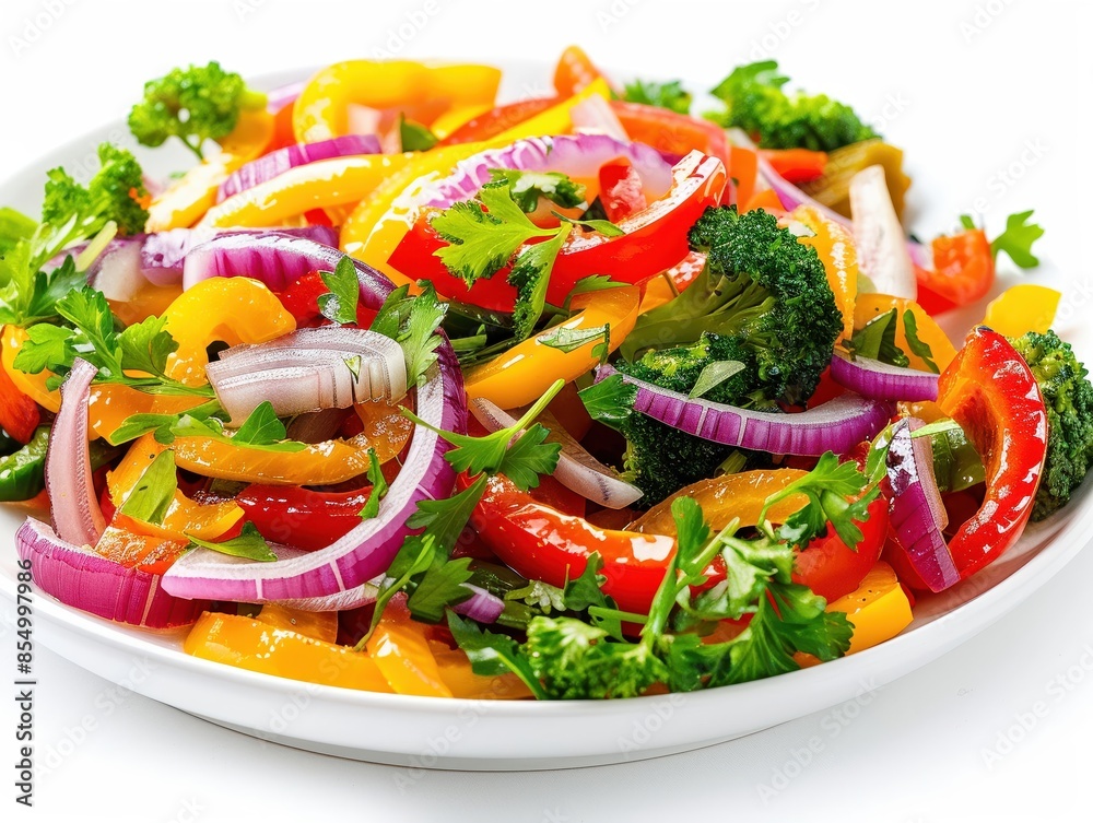 A vibrant vegetable stirfry, isolated on a white background, studio lighting to highlight the colorful mix of vegetables and appealing presentation A vibrant vegetable stirfry, isolated on a white background, studio lighting to highlight the colorful mix of vegetables and appealing presentation