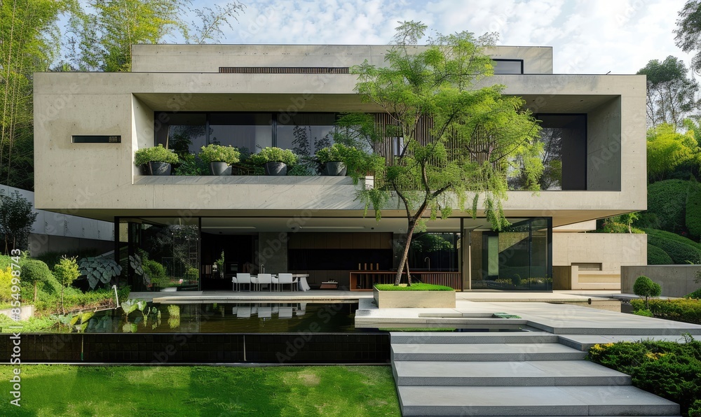 Fototapeta premium Modern Minimalist Luxurious Home on Outskirts Under Cloudy Sky