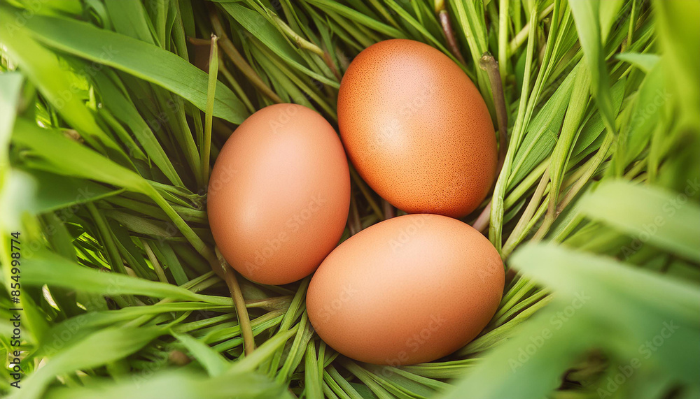 Brown chicken eggs on green grass in garden. Organic farm product. Natural food. Top view. Brown chicken eggs on green grass in garden. Organic farm product. Natural food. Top view.