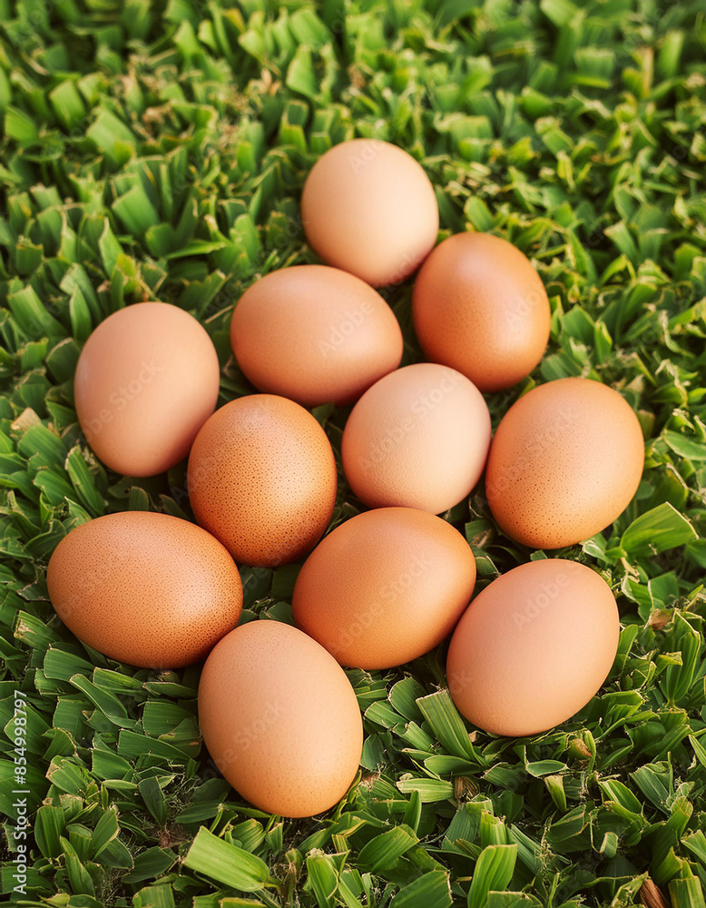 Brown chicken eggs on green grass in garden. Organic farm product. Natural food. Top view. Brown chicken eggs on green grass in garden. Organic farm product. Natural food. Top view.