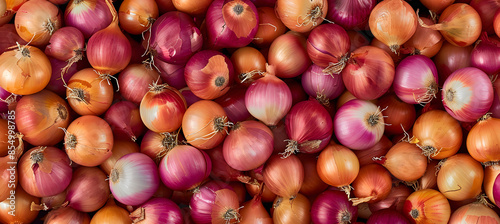 Onions background. A lot of fresh brown and pink onion closeup. Top view