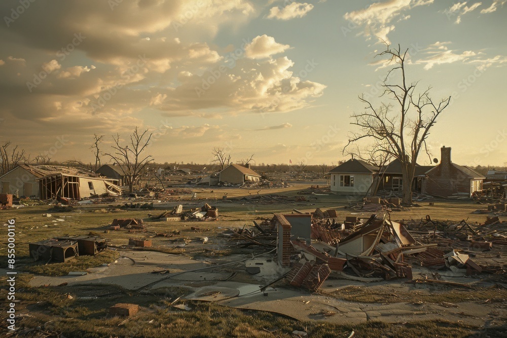 A residential neighborhood severely damaged by a tornado, showing destroyed houses, debris, and a desolate landscape under a cloudy sky. A residential neighborhood severely damaged by a tornado, showing destroyed houses, debris, and a desolate landscape under a cloudy sky.