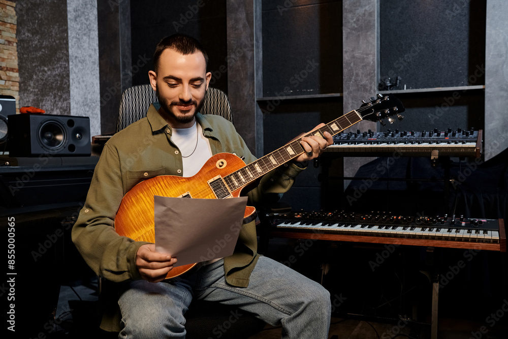 Obraz premium A man playing an electric guitar in a recording studio during a music band rehearsal.