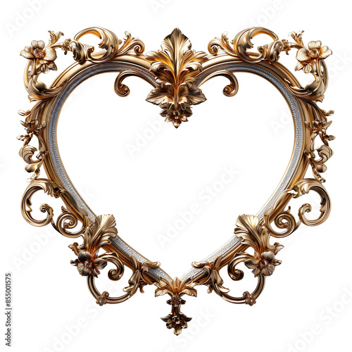 Heart shape frame in gold on isolated on white background, transparent background