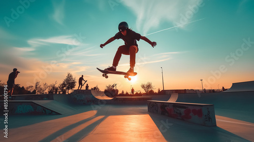 Skateboarder floats in the air doing a kickflip in a skateboard park with the setting sun.