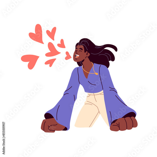 Happy girl shouts about love, romantic feelings. Tender young woman with hearts yells, shares positive emotions. Self acceptance, care concept. Flat isolated vector illustration on white background