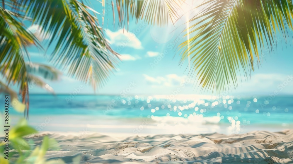 Beautiful tropical background with palm leaves and sand, closeup. Summer mock-up for presentation Beautiful tropical background with palm leaves and sand, closeup. Summer mock-up for presentation
