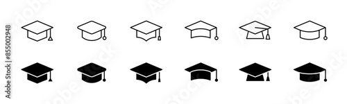 Graduation cap icon set. Line and glyph graduation hat. Mortarboard collection
