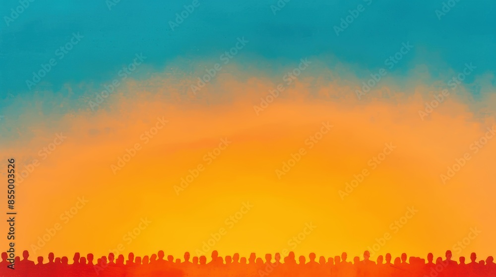 A stylized crowd of people silhouetted against a vibrant gradient of orange and blue colors. A stylized crowd of people silhouetted against a vibrant gradient of orange and blue colors.