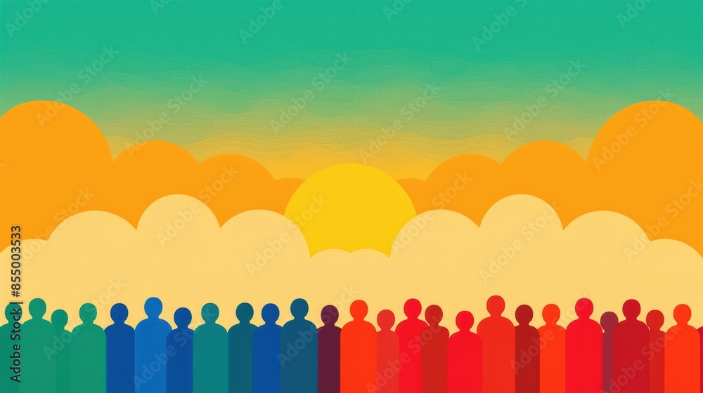 Fototapeta premium An abstract illustration of a crowd of people in various colors watching a sunset with a gradient sky.