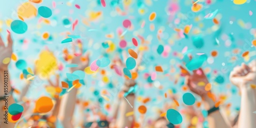 A group of people celebrating and having fun with colorful confetti.