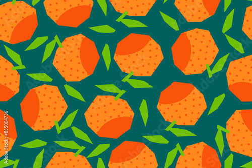 Seamless pattern with abstract oranges on a dark background. Bright fruits with leaves. Cut out oranges from paper. Summer tropical pattern. Flat style. Vector illustration.