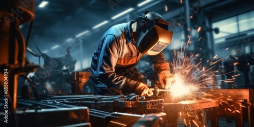 Workers weld steel pipes in the automotive industry.