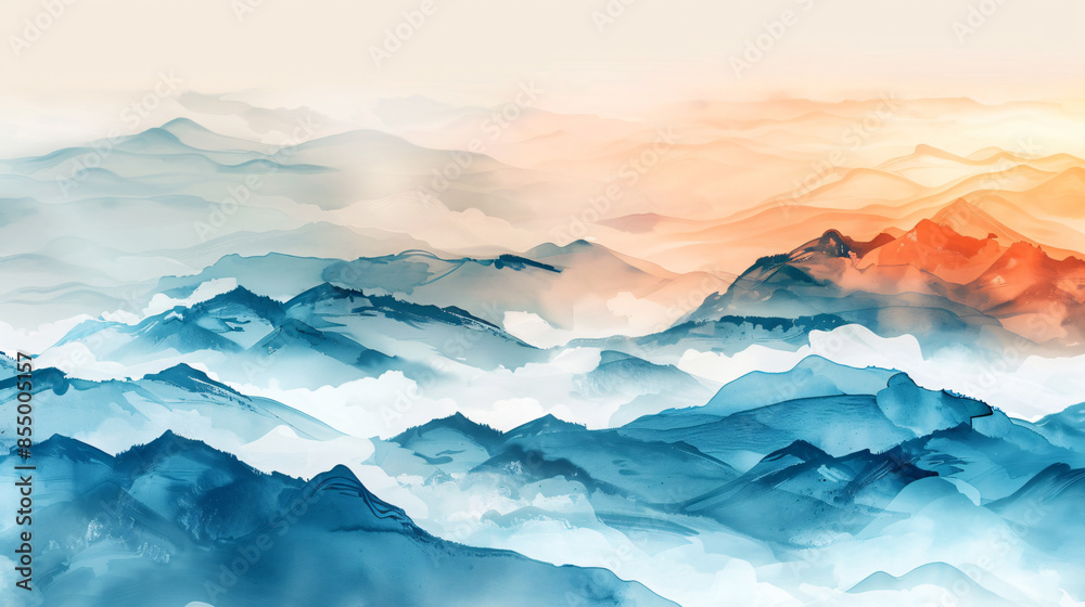 Abstract mountain landscape in the style of a watercolor painting, foggy mountains, soft gradient colors, minimalist design Abstract mountain landscape in the style of a watercolor painting, foggy mountains, soft gradient colors, minimalist design