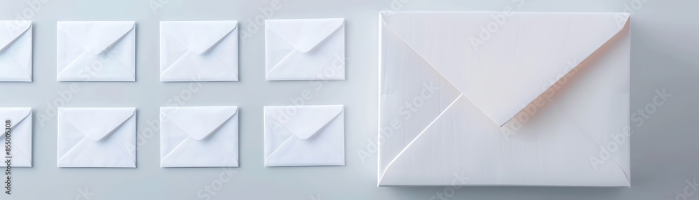 Top view of multiple small white envelopes and a large envelope on a light gray background. Minimalist concept. Office supplies. Top view of multiple small white envelopes and a large envelope on a light gray background. Minimalist concept. Office supplies.