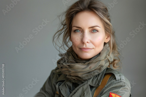 Confident female soldier portrait in military uniform photo