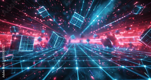 Neon Cubes Falling Through Digital Landscape