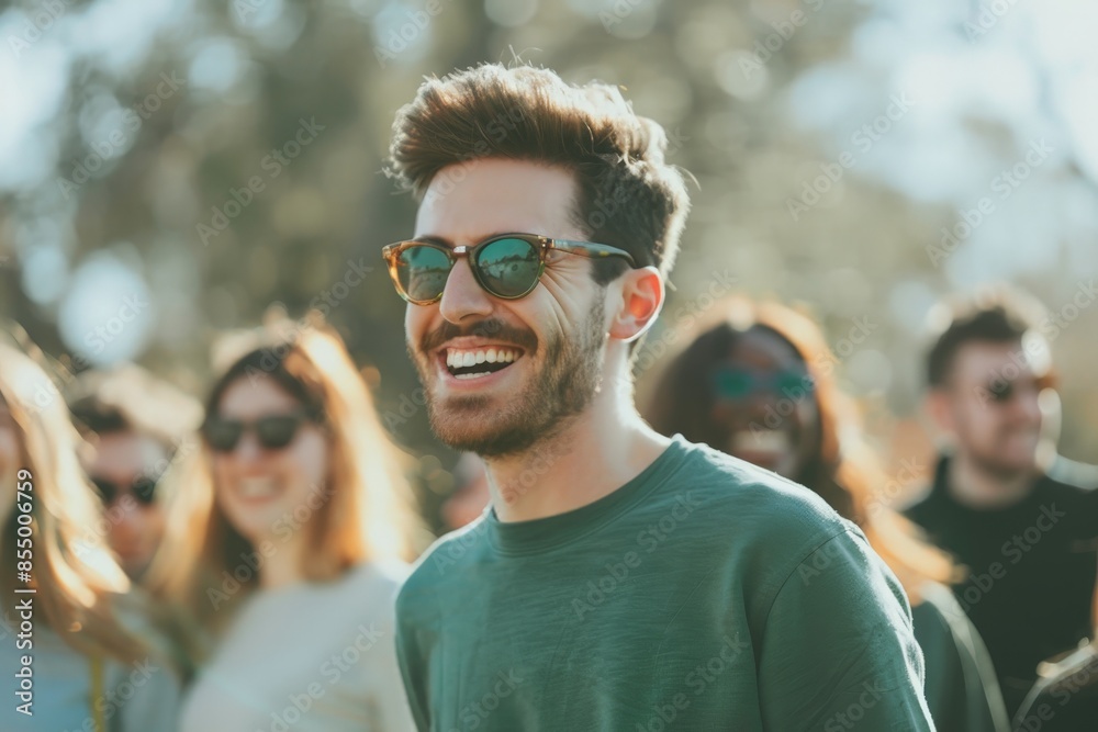 Joyful Friends Bonding Outdoors: Documentary-Style Photo of Happy Group Laughing and Sharing Moments of Camaraderie in Sunlight