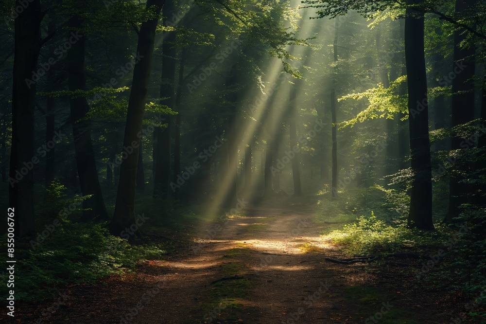 Fototapeta premium Tranquil and serene morning hike through the enchanted forest with sunlight filtering through the trees creating mystical sunbeams and vibrant foliage scenery