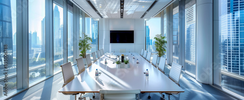 Sleek modern conference room with panoramic cityscape view