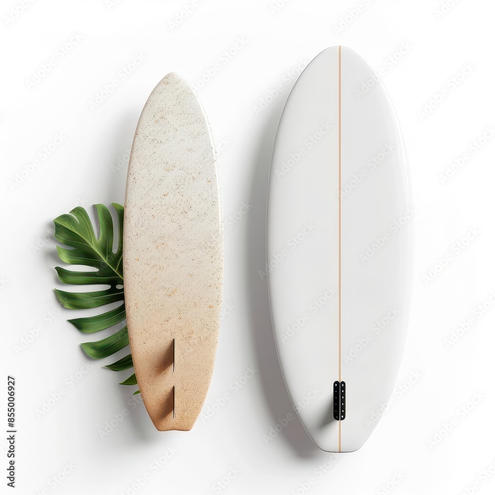 Two surfboards, one with a colorful design, the other white, hang on a white wall with a tropical leaf. Two surfboards, one with a colorful design, the other white, hang on a white wall with a tropical leaf.