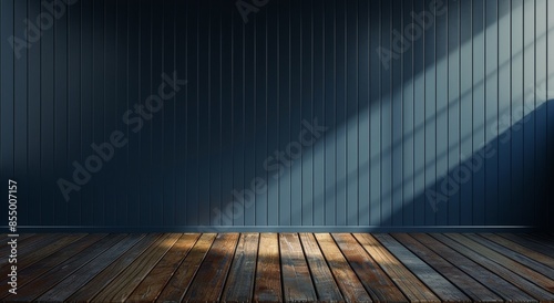Dark Blue Room With Wooden Floor and Sunlight Streaming Through Window
