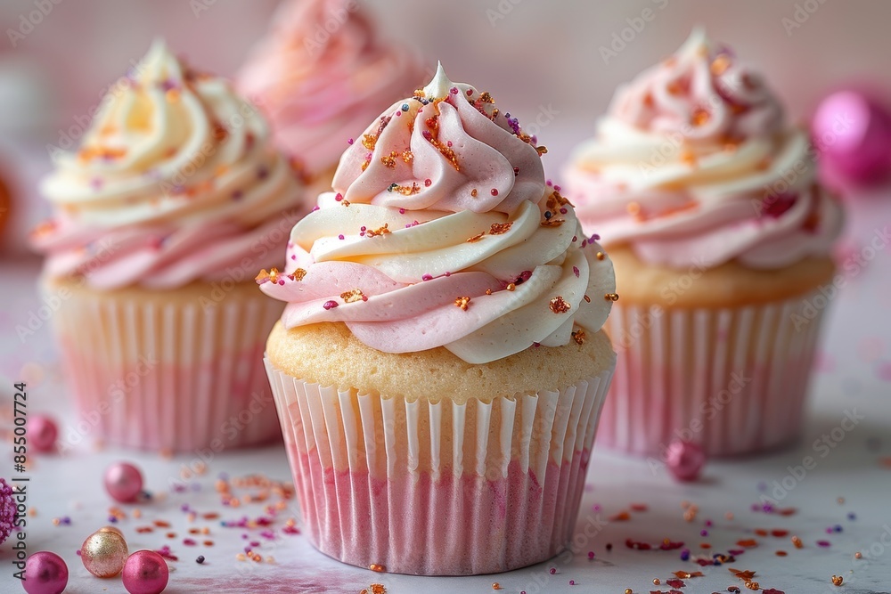 A beautifully decorated cupcake with swirls of icing and a sprinkle of edible glitter. A beautifully decorated cupcake with swirls of icing and a sprinkle of edible glitter.