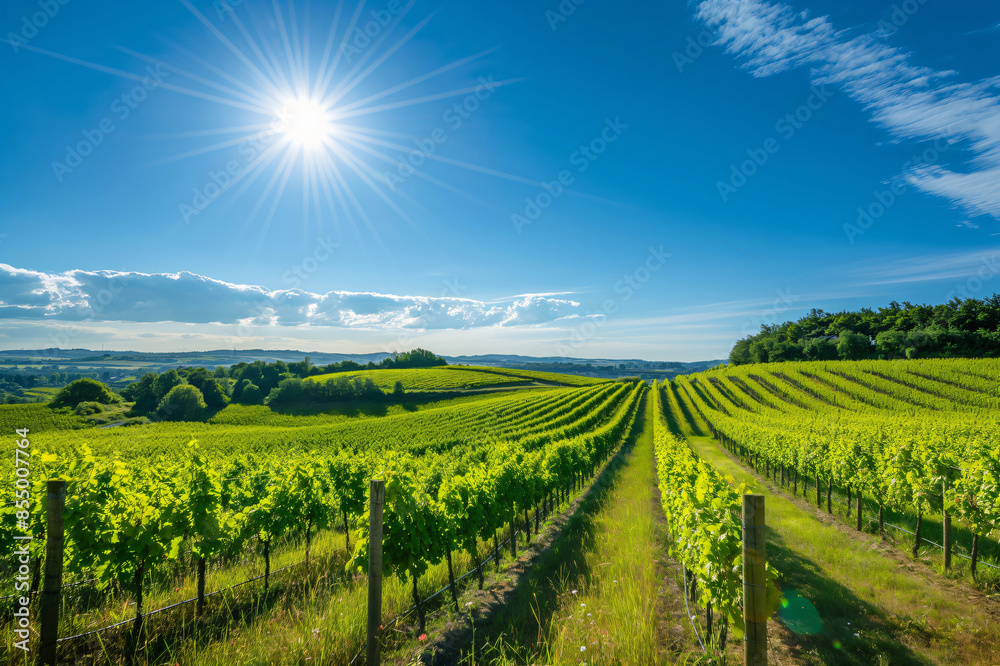 Fototapeta premium Beautiful panoramic view of a sunlit vineyard landscape with lush grapevines. Rows of grapevines. And a sunny blue sky