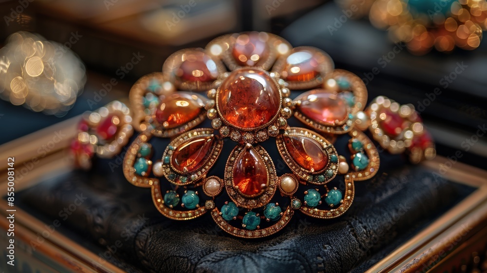 Antique Jewelry:a detailed close-up of a piece of antique jewelry, such as a brooch or necklace, with intricate designs and precious stones. Emphasize the elegance and history. Antique Jewelry:a detailed close-up of a piece of antique jewelry, such as a brooch or necklace, with intricate designs and precious stones. Emphasize the elegance and history.