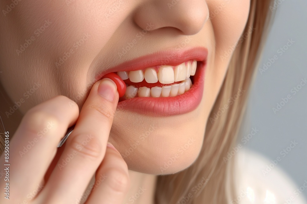 Obraz premium Woman showing inflamed gum on grey background closeup, Closeup of Woman with Inflamed Gum on Grey Background, Signs and Treatment, Understanding Gum Inflammation, Closeup of Woman Showing Symptoms on 