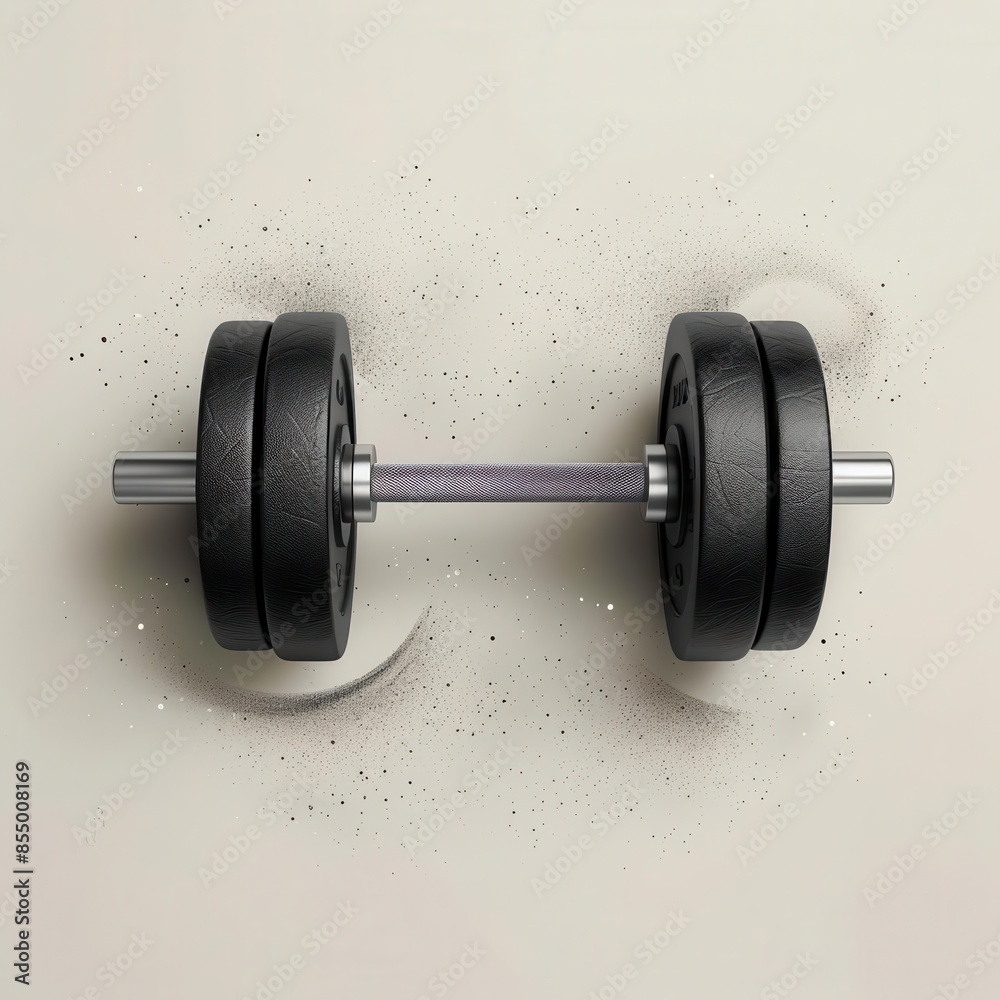 A black dumbbell with silver accents sits on a light background. The dumbbell is in focus while the background is blurred. A black dumbbell with silver accents sits on a light background. The dumbbell is in focus while the background is blurred.