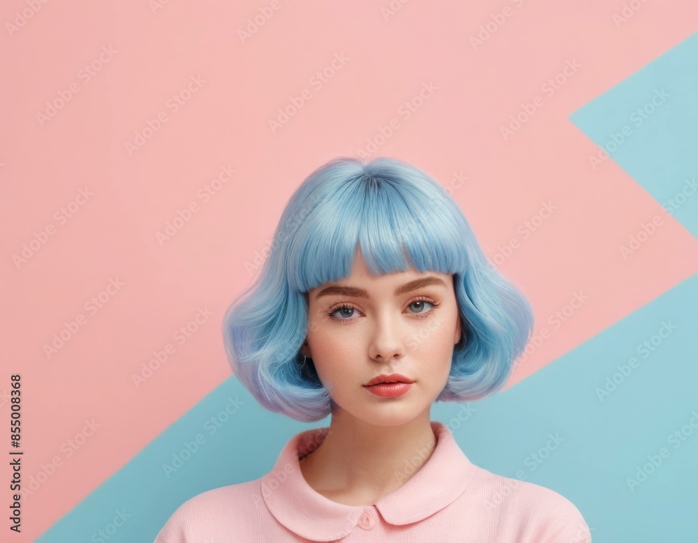 Portrait of a woman in flat illustration style. Abstract Memphis, minimal, pastel blue and pink. Portrait of a woman in flat illustration style. Abstract Memphis, minimal, pastel blue and pink.