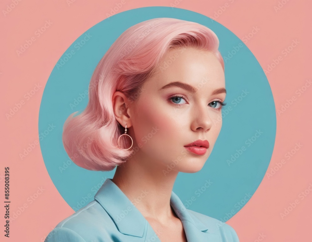 Portrait of a woman in flat illustration style. Abstract Memphis, minimal, pastel blue and pink. Portrait of a woman in flat illustration style. Abstract Memphis, minimal, pastel blue and pink.