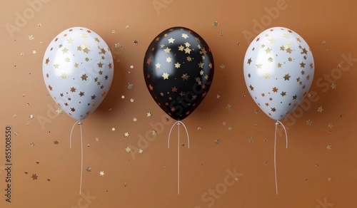 Three Star-Patterned Balloons Against a Brown Background