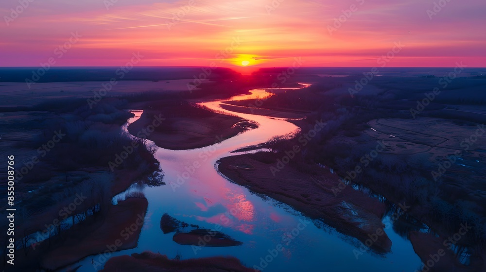 Obraz premium Aerial view of river valley in beautiful sunset light.