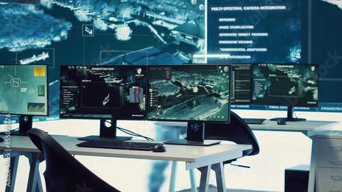 Billede på lærred Empty military secret service headquarters used to follow threats or national safety alerts, high tech equipment for a federal agency