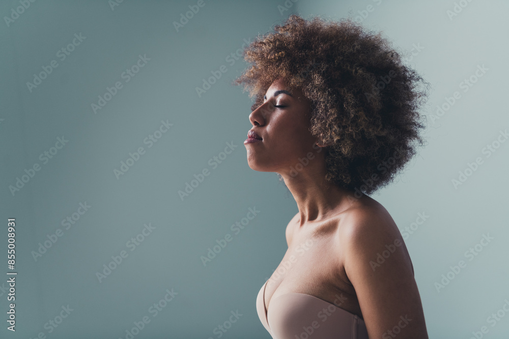 Profile side photo of gorgeous woman in new brand bra feel body positive enjoy promo ads isolated pastel color background Profile side photo of gorgeous woman in new brand bra feel body positive enjoy promo ads isolated pastel color background
