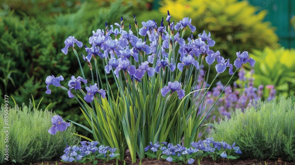 Obraz premium Siberian Iris Perry s Blue featuring delicate sky blue flowers on strong stems and sword shaped grey green leaves
