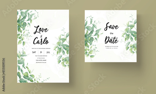 wedding invitation for a wedding with green leaves and flowers