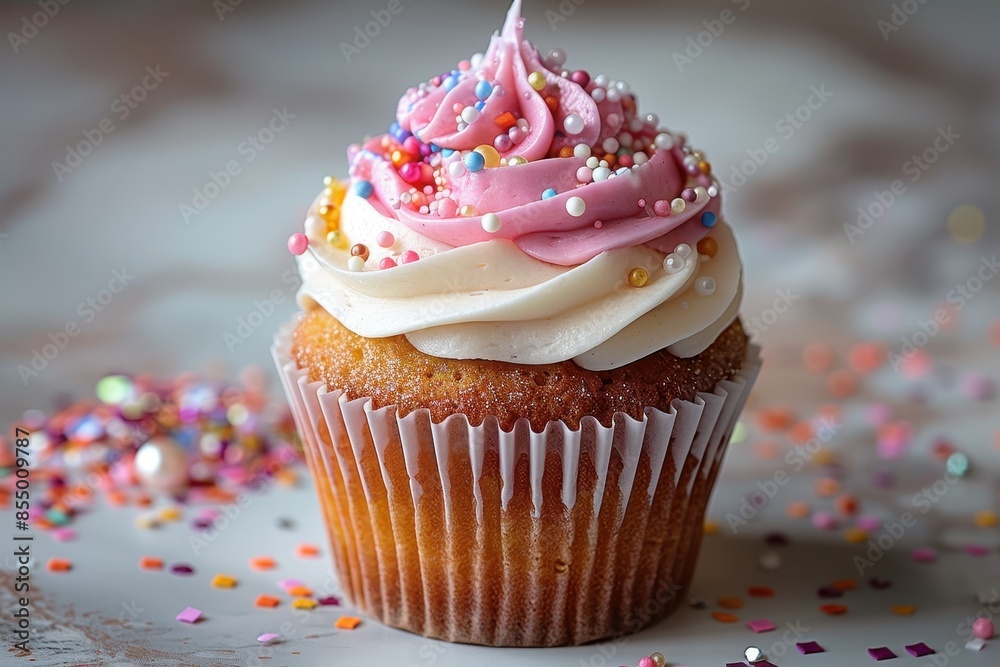 A beautifully decorated cupcake with swirls of icing and a sprinkle of edible glitter. A beautifully decorated cupcake with swirls of icing and a sprinkle of edible glitter.