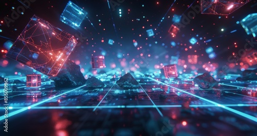 Neon Cubes Falling Through Digital Landscape