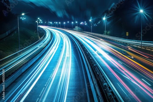 Nighttime Highway with Light Trails