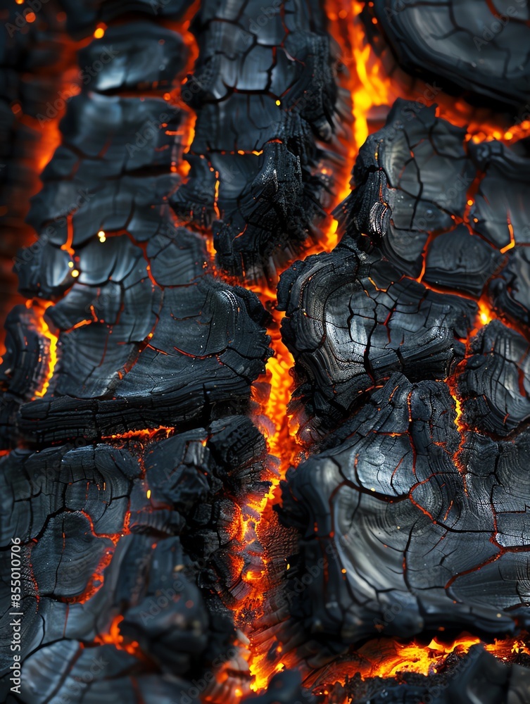 Close-up of glowing embers and charred wood, capturing the intense heat and texture of burning coals with vivid colors and intricate details. Close-up of glowing embers and charred wood, capturing the intense heat and texture of burning coals with vivid colors and intricate details.