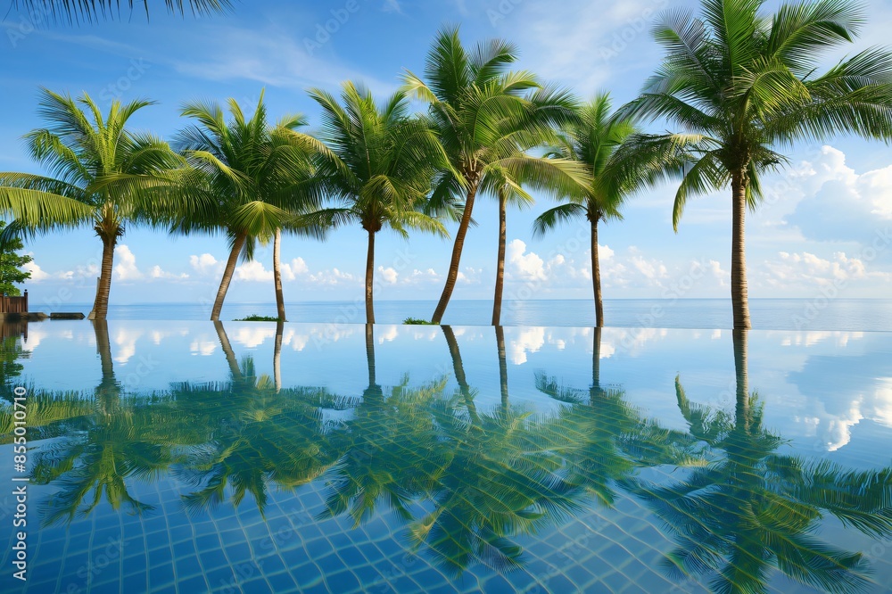 Fototapeta premium Idyllic view of palm trees reflected in the clear waters of a tranquil infinity pool overlooking a peaceful ocean horizon