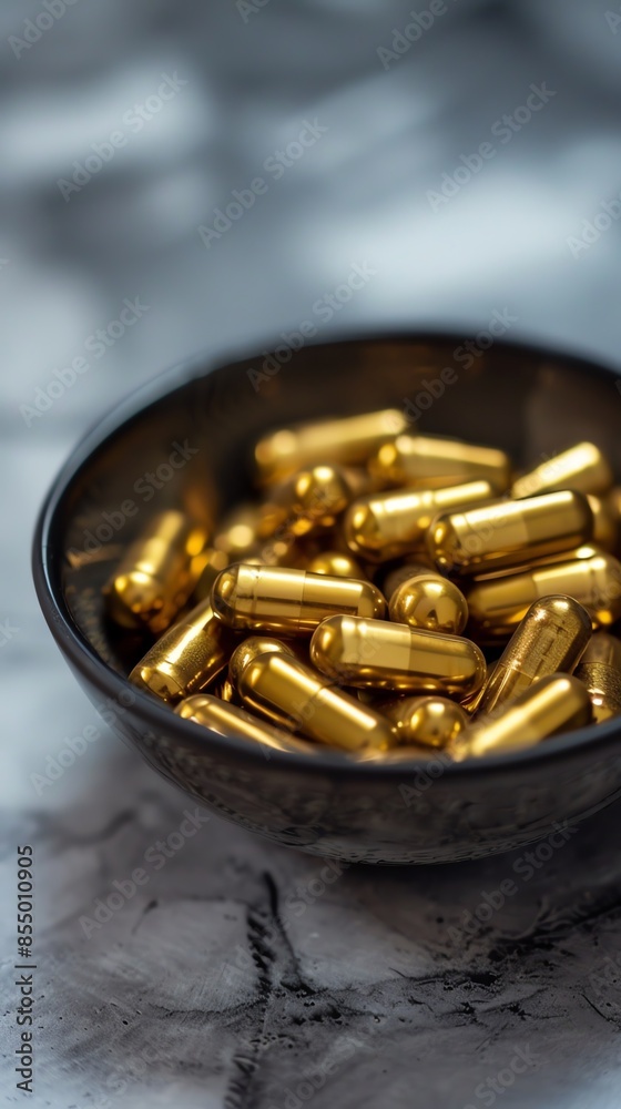 Close-up of a bowl filled with golden capsules resting on a marble surface. High-quality supplement product for health and wellness. Close-up of a bowl filled with golden capsules resting on a marble surface. High-quality supplement product for health and wellness.