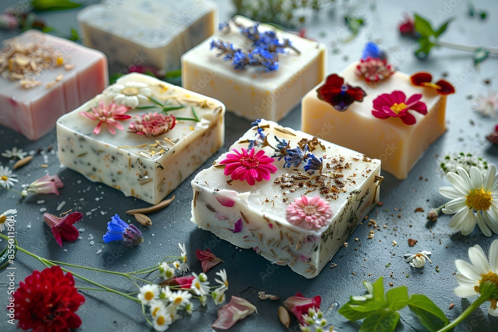A bunch of soaps sitting on top of a table A bunch of soaps sitting on top of a table