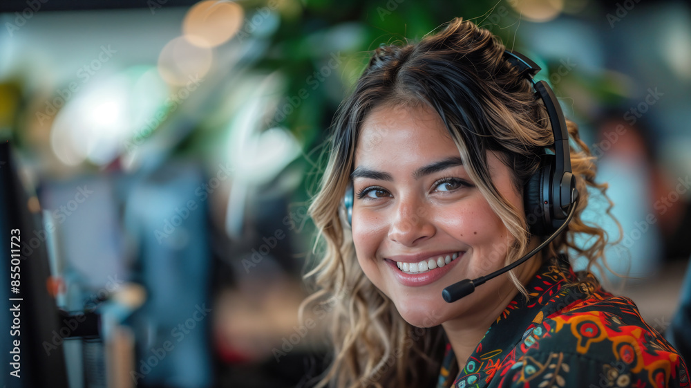 Woman Customer Service Representative Engaged in Audio Communication at a Workstation. Generative AI Image. Woman Customer Service Representative Engaged in Audio Communication at a Workstation. Generative AI Image.