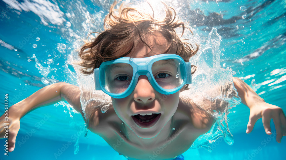 Little boy in a swimsuit swims underwater in the pool. Summer concept
