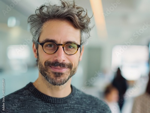 Friendly Interaction in Modern Open-Plan Office - Happy Salary Man Engaging with Colleagues in Collaborative Workplace © taelefoto