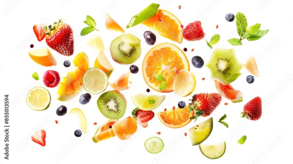 Food concept, fresh cut mixed fruits floating on white background. Food concept, fresh cut mixed fruits floating on white background.